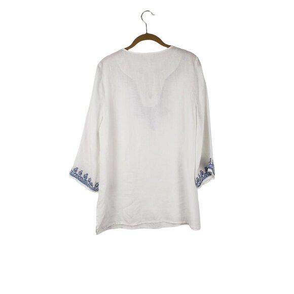 J Jill Love Linen Tunic Top Blue White Embroidered Beach Coastal Size Small - Picture 2 of 9